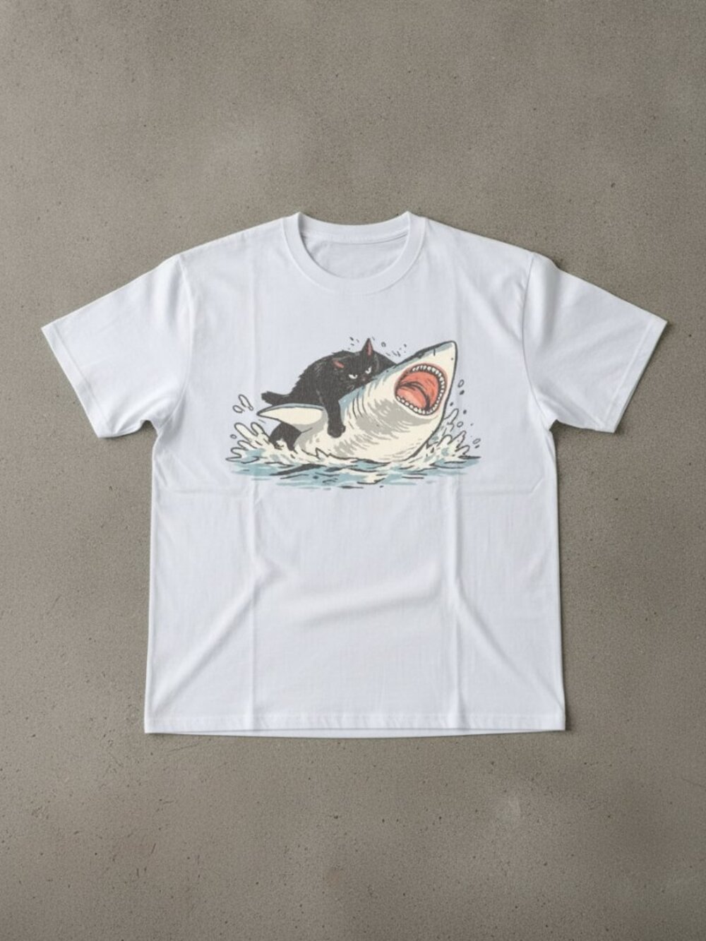 Cat Riding Shark Graphic T-Shirt White Funny Animal Ocean Graphic Tee